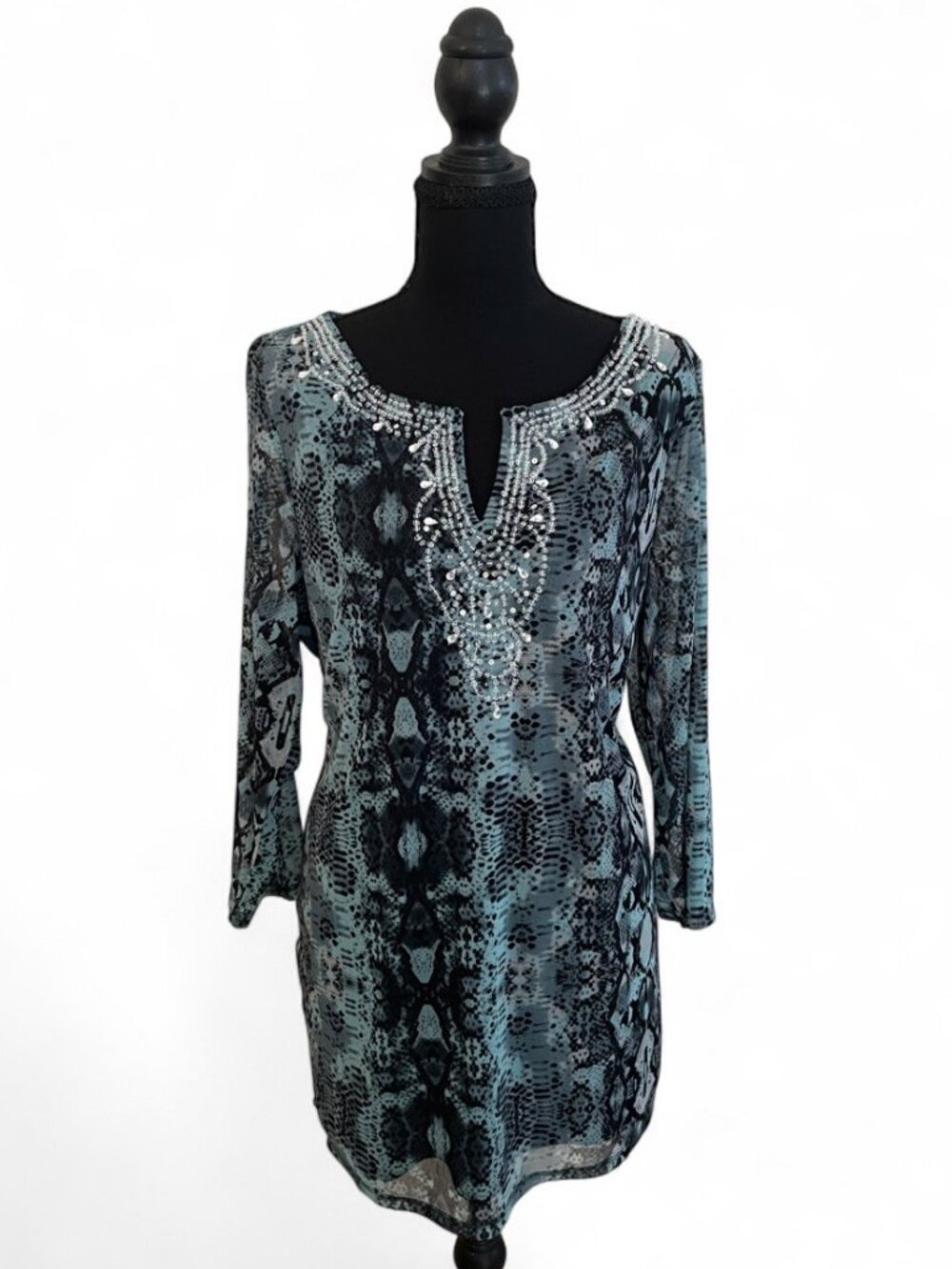 INC Resortwear Blouse Rhinestone Sheer Green Black Snakeskin Tunic Top Beaded X